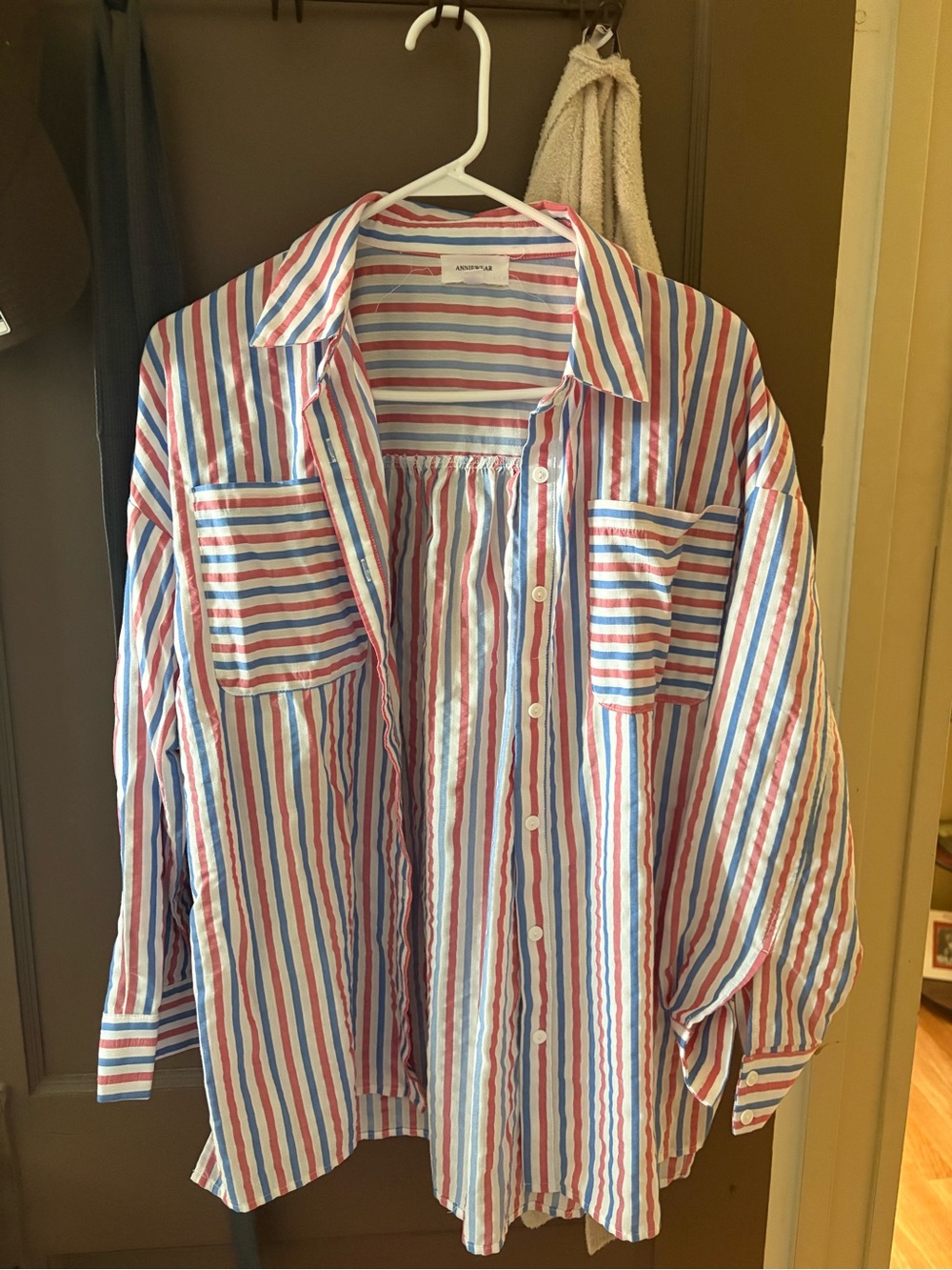 Striped Button-Front Shirt - Blue, Red & White
